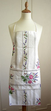 French coated Apron, Provence fabric (roses & lavender. raw) - Click Image to Close